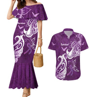 Personalised Fibromyalgia Awareness Couples Matching Mermaid Dress and Hawaiian Shirt Polynesian Purple Ribbon LT05 Purple - Polynesian Pride