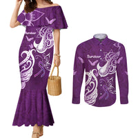 Personalised Fibromyalgia Awareness Couples Matching Mermaid Dress and Long Sleeve Button Shirt Polynesian Purple Ribbon LT05 Purple - Polynesian Pride