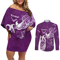 Personalised Fibromyalgia Awareness Couples Matching Off Shoulder Short Dress and Long Sleeve Button Shirt Polynesian Purple Ribbon