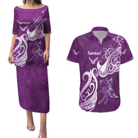 Personalised Fibromyalgia Awareness Couples Matching Puletasi and Hawaiian Shirt Polynesian Purple Ribbon