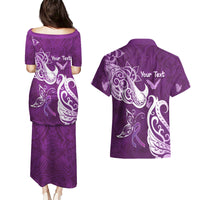 Personalised Fibromyalgia Awareness Couples Matching Puletasi and Hawaiian Shirt Polynesian Purple Ribbon