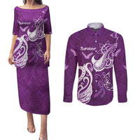Personalised Fibromyalgia Awareness Couples Matching Puletasi and Long Sleeve Button Shirt Polynesian Purple Ribbon LT05 Purple - Polynesian Pride