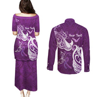 Personalised Fibromyalgia Awareness Couples Matching Puletasi and Long Sleeve Button Shirt Polynesian Purple Ribbon LT05 - Polynesian Pride
