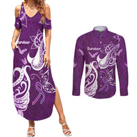 Personalised Fibromyalgia Awareness Couples Matching Summer Maxi Dress and Long Sleeve Button Shirt Polynesian Purple Ribbon