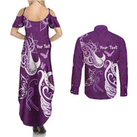 Personalised Fibromyalgia Awareness Couples Matching Summer Maxi Dress and Long Sleeve Button Shirt Polynesian Purple Ribbon LT05 - Polynesian Pride