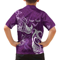 Personalised Fibromyalgia Awareness Family Matching Off Shoulder Maxi Dress and Hawaiian Shirt Polynesian Purple Ribbon
