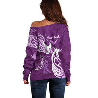 Personalised Fibromyalgia Awareness Off Shoulder Sweater Polynesian Purple Ribbon