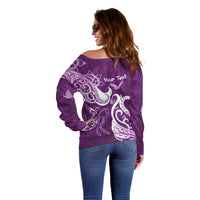Personalised Fibromyalgia Awareness Off Shoulder Sweater Polynesian Purple Ribbon