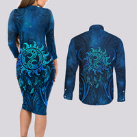 New Zealand Dream Catcher Couples Matching Long Sleeve Bodycon Dress and Long Sleeve Button Shirt Maori Koru Pattern Blue Version