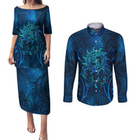 New Zealand Dream Catcher Couples Matching Puletasi and Long Sleeve Button Shirt Maori Koru Pattern Blue Version LT05 Blue - Polynesian Pride