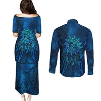New Zealand Dream Catcher Couples Matching Puletasi and Long Sleeve Button Shirt Maori Koru Pattern Blue Version LT05 - Polynesian Pride