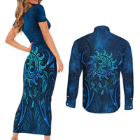 New Zealand Dream Catcher Couples Matching Short Sleeve Bodycon Dress and Long Sleeve Button Shirt Maori Koru Pattern Blue Version