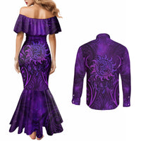 New Zealand Dream Catcher Couples Matching Mermaid Dress and Long Sleeve Button Shirt Maori Koru Pattern Purple Version LT05 - Polynesian Pride