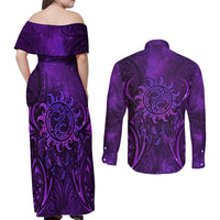 New Zealand Dream Catcher Couples Matching Off Shoulder Maxi Dress and Long Sleeve Button Shirt Maori Koru Pattern Purple Version