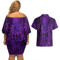 New Zealand Dream Catcher Couples Matching Off Shoulder Short Dress and Hawaiian Shirt Maori Koru Pattern Purple Version LT05 - Polynesian Pride