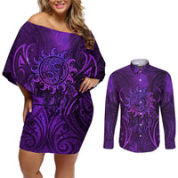 New Zealand Dream Catcher Couples Matching Off Shoulder Short Dress and Long Sleeve Button Shirt Maori Koru Pattern Purple Version