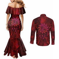 New Zealand Dream Catcher Couples Matching Mermaid Dress and Long Sleeve Button Shirt Maori Koru Pattern Red Version LT05 - Polynesian Pride