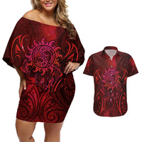 New Zealand Dream Catcher Couples Matching Off Shoulder Short Dress and Hawaiian Shirt Maori Koru Pattern Red Version