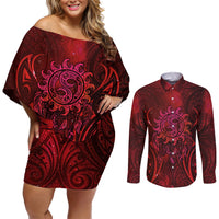 New Zealand Dream Catcher Couples Matching Off Shoulder Short Dress and Long Sleeve Button Shirt Maori Koru Pattern Red Version LT05 Red - Polynesian Pride