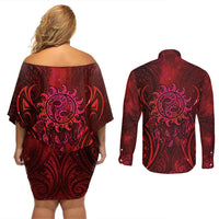 New Zealand Dream Catcher Couples Matching Off Shoulder Short Dress and Long Sleeve Button Shirt Maori Koru Pattern Red Version LT05 - Polynesian Pride