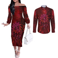 New Zealand Dream Catcher Couples Matching Off The Shoulder Long Sleeve Dress and Long Sleeve Button Shirt Maori Koru Pattern Red Version