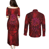New Zealand Dream Catcher Couples Matching Puletasi and Long Sleeve Button Shirt Maori Koru Pattern Red Version LT05 - Polynesian Pride