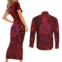 New Zealand Dream Catcher Couples Matching Short Sleeve Bodycon Dress and Long Sleeve Button Shirt Maori Koru Pattern Red Version