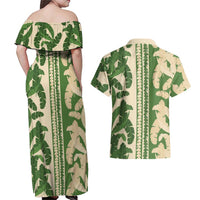 Hawaii Pua Kenikeni Lei Couples Matching Off Shoulder Maxi Dress and Hawaiian Shirt With Lau Maia Green