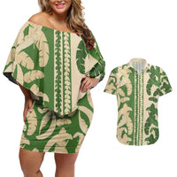 Hawaii Pua Kenikeni Lei Couples Matching Off Shoulder Short Dress and Hawaiian Shirt With Lau Maia Green