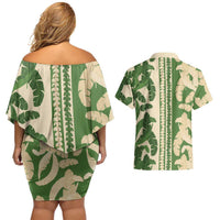 Hawaii Pua Kenikeni Lei Couples Matching Off Shoulder Short Dress and Hawaiian Shirt With Lau Maia Green