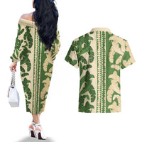 Hawaii Pua Kenikeni Lei Couples Matching Off The Shoulder Long Sleeve Dress and Hawaiian Shirt With Lau Maia Green