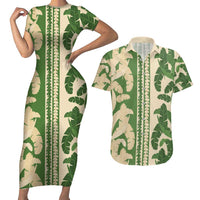 Hawaii Pua Kenikeni Lei Couples Matching Short Sleeve Bodycon Dress and Hawaiian Shirt With Lau Maia Green