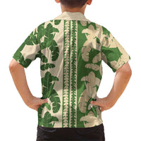 Hawaii Pua Kenikeni Lei Family Matching Off The Shoulder Long Sleeve Dress and Hawaiian Shirt With Lau Maia Green