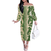 Hawaii Pua Kenikeni Lei Family Matching Off The Shoulder Long Sleeve Dress and Hawaiian Shirt With Lau Maia Green