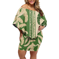 Hawaii Pua Kenikeni Lei Family Matching Off Shoulder Short Dress and Hawaiian Shirt With Lau Maia Green