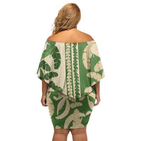 Hawaii Pua Kenikeni Lei Family Matching Off Shoulder Short Dress and Hawaiian Shirt With Lau Maia Green