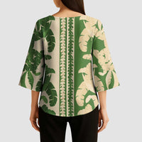 Hawaii Pua Kenikeni Lei Kimono Sleeve Blouse With Lau Maia Green
