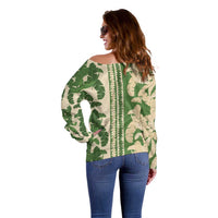 Hawaii Pua Kenikeni Lei Off Shoulder Sweater With Lau Maia Green LT05 - Polynesian Pride