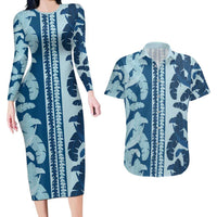 Hawaii Pua Kenikeni Lei Couples Matching Long Sleeve Bodycon Dress and Hawaiian Shirt With Lau Maia Royal Blue