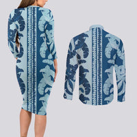 Hawaii Pua Kenikeni Lei Couples Matching Long Sleeve Bodycon Dress and Long Sleeve Button Shirt With Lau Maia Royal Blue