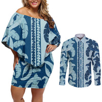 Hawaii Pua Kenikeni Lei Couples Matching Off Shoulder Short Dress and Long Sleeve Button Shirt With Lau Maia Royal Blue