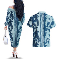 Hawaii Pua Kenikeni Lei Couples Matching Off The Shoulder Long Sleeve Dress and Hawaiian Shirt With Lau Maia Royal Blue