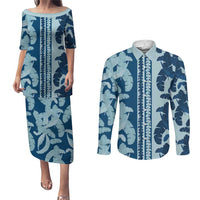 Hawaii Pua Kenikeni Lei Couples Matching Puletasi and Long Sleeve Button Shirt With Lau Maia Royal Blue LT05 Blue - Polynesian Pride