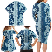 Hawaii Pua Kenikeni Lei Family Matching Long Sleeve Bodycon Dress and Hawaiian Shirt With Lau Maia Royal Blue