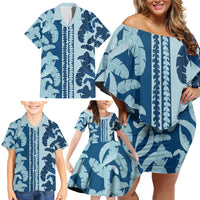 Hawaii Pua Kenikeni Lei Family Matching Off Shoulder Short Dress and Hawaiian Shirt With Lau Maia Royal Blue