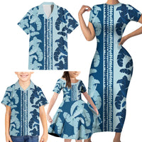 Hawaii Pua Kenikeni Lei Family Matching Short Sleeve Bodycon Dress and Hawaiian Shirt With Lau Maia Royal Blue