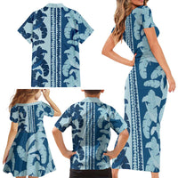 Hawaii Pua Kenikeni Lei Family Matching Short Sleeve Bodycon Dress and Hawaiian Shirt With Lau Maia Royal Blue