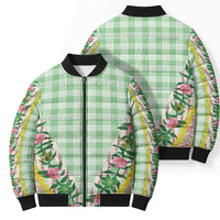 Hawaii Pikake Lokelani Plumeria Lei Bomber Puffer Jacket Green Palaka Motifs
