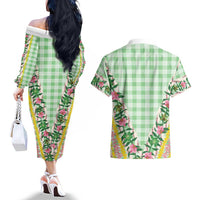 Hawaii Pikake Lokelani Plumeria Lei Couples Matching Off The Shoulder Long Sleeve Dress and Hawaiian Shirt Green Palaka Motifs
