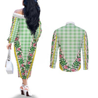 Hawaii Pikake Lokelani Plumeria Lei Couples Matching Off The Shoulder Long Sleeve Dress and Long Sleeve Button Shirt Green Palaka Motifs